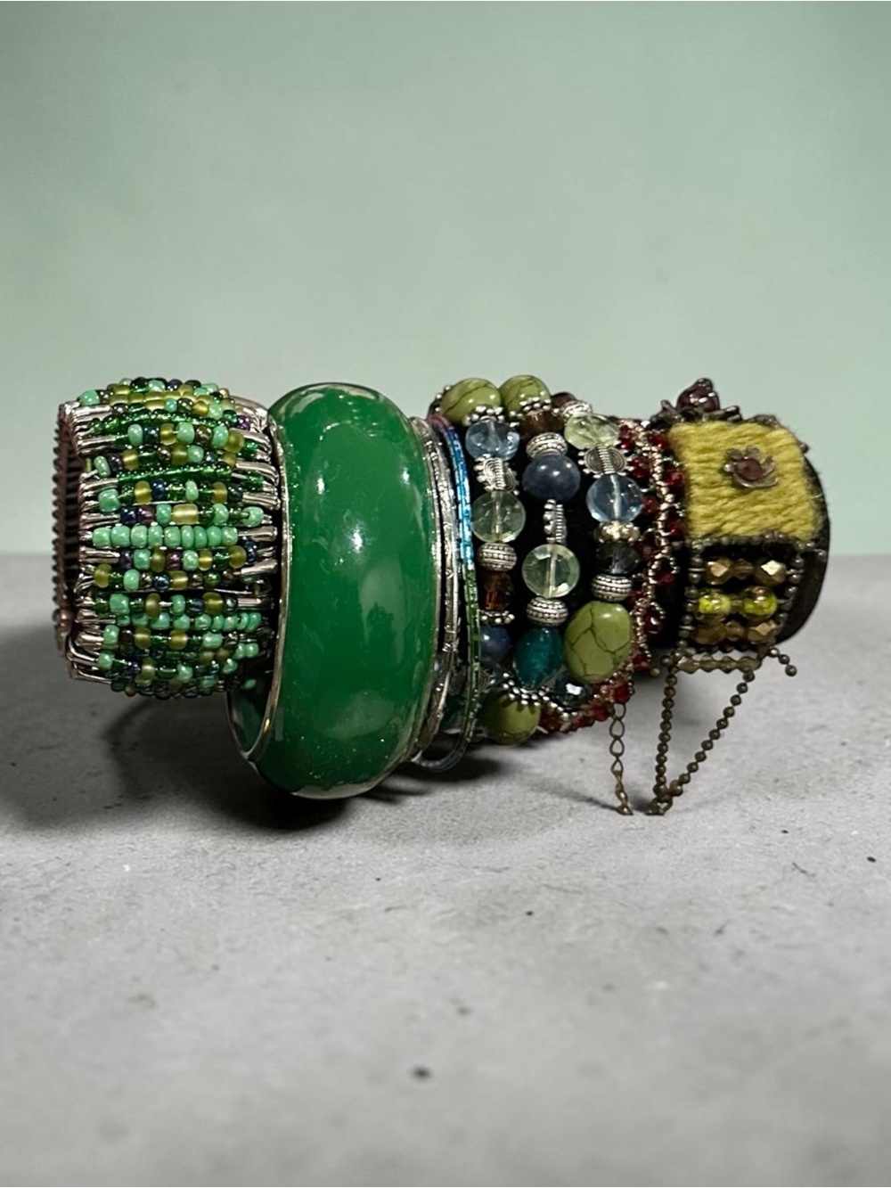 Boho Green Beaded Bracelet Stack Statement Mixed Media Artisan Cuff Collection